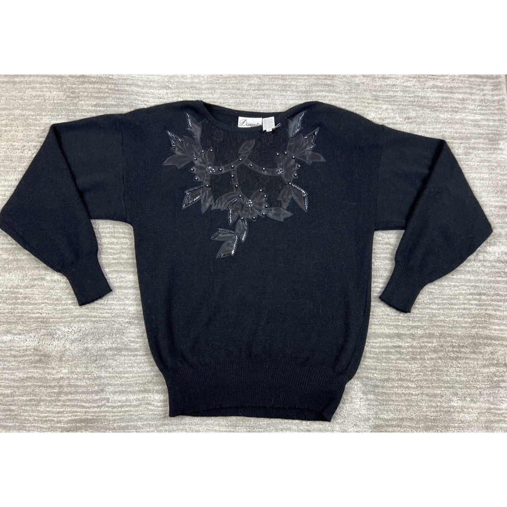 Donagain Sweater Womens M Black Vintage Floral Lace Beaded‎ Applique Long Sleeve